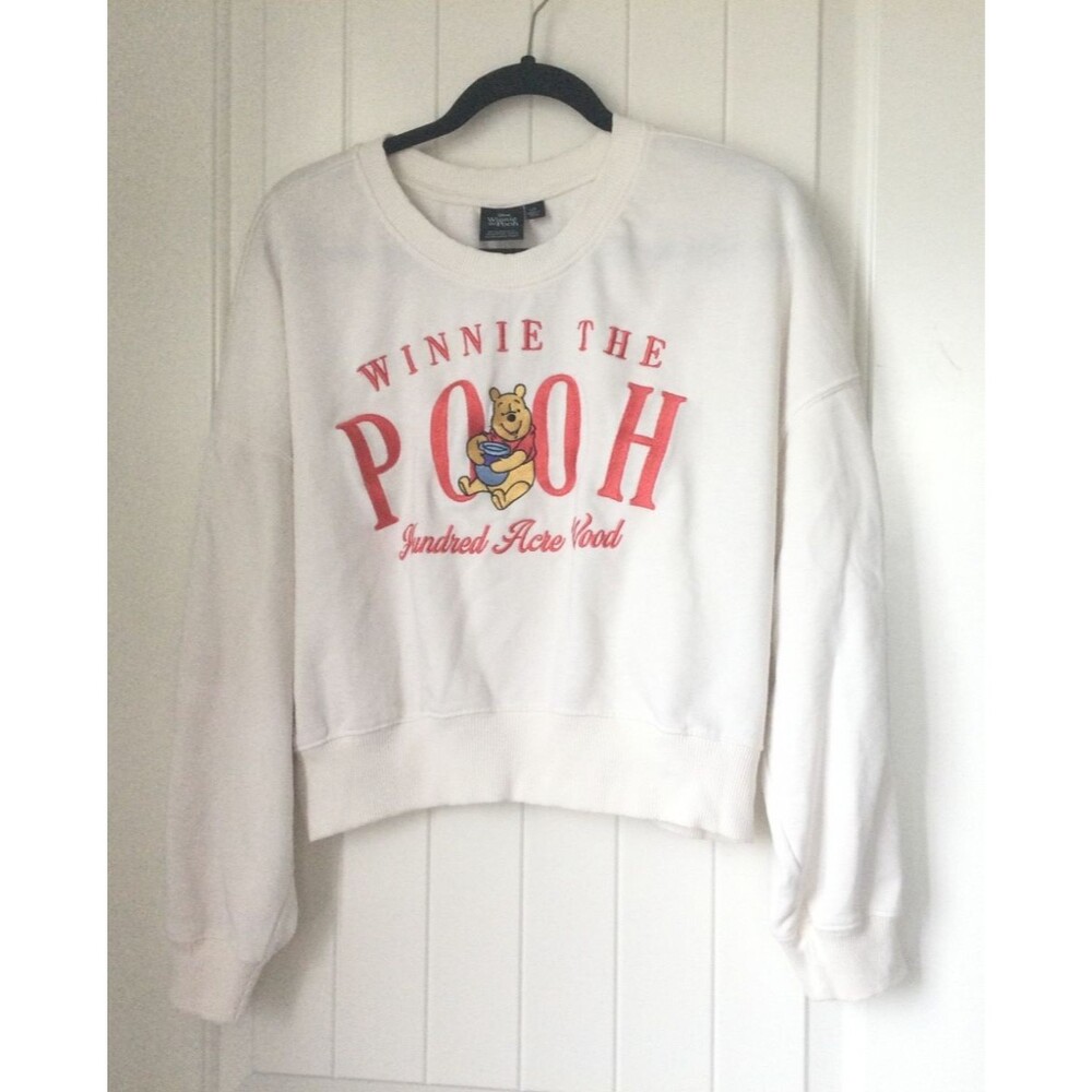 Disney Winnie The Pooh Cropped Sweatshirt Large 100 Hundred Acre Wood Bear White